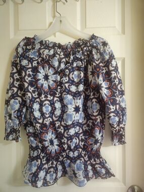 Smocked Hem Blue Patterned Peasant Blouse